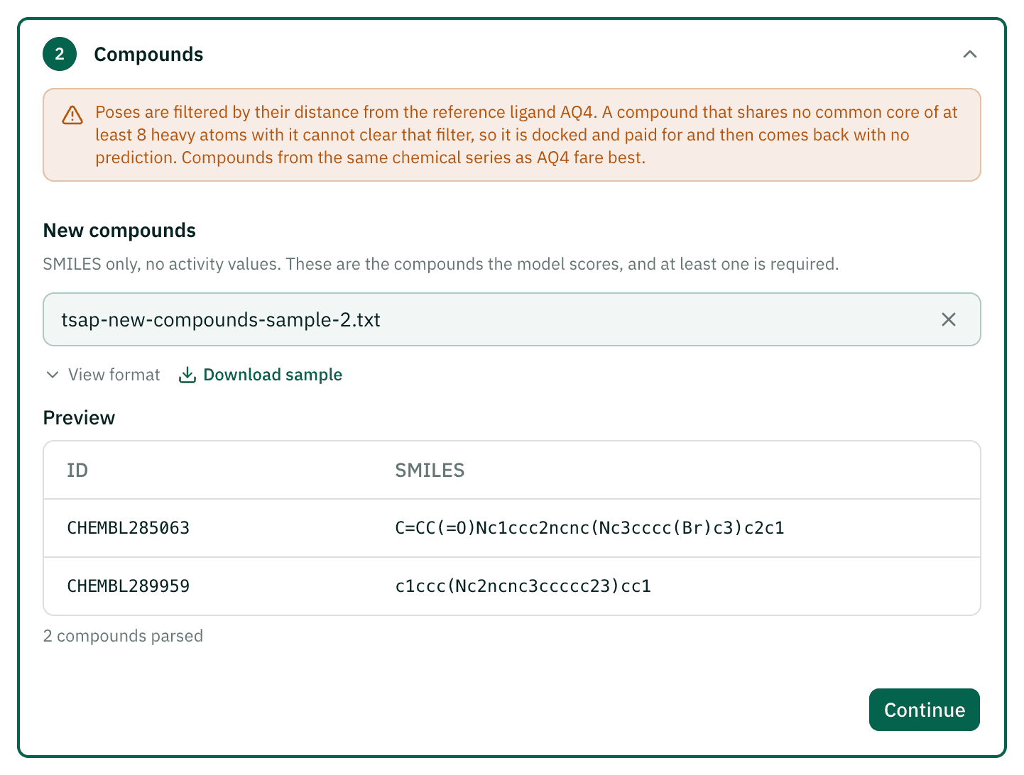 Compounds step with an uploaded compound file and its preview