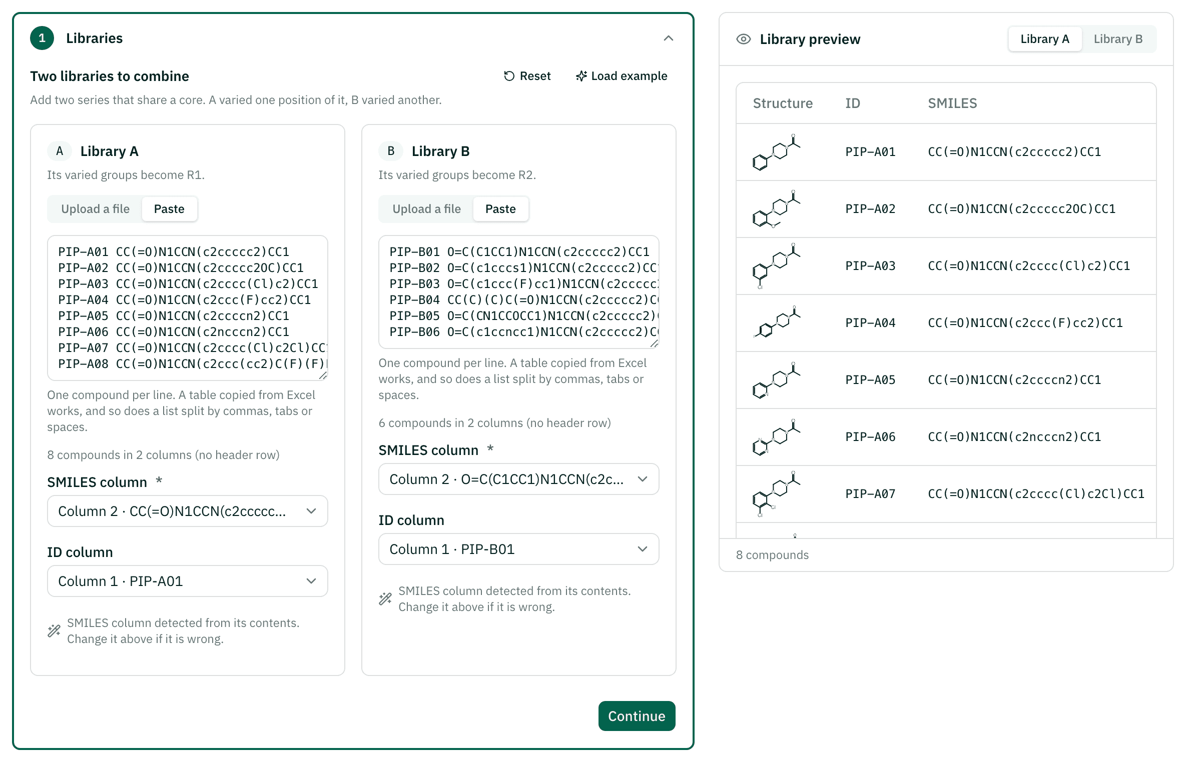 Libraries step: examples A and B added, with the SMILES and ID columns found automatically and a preview drawn from them