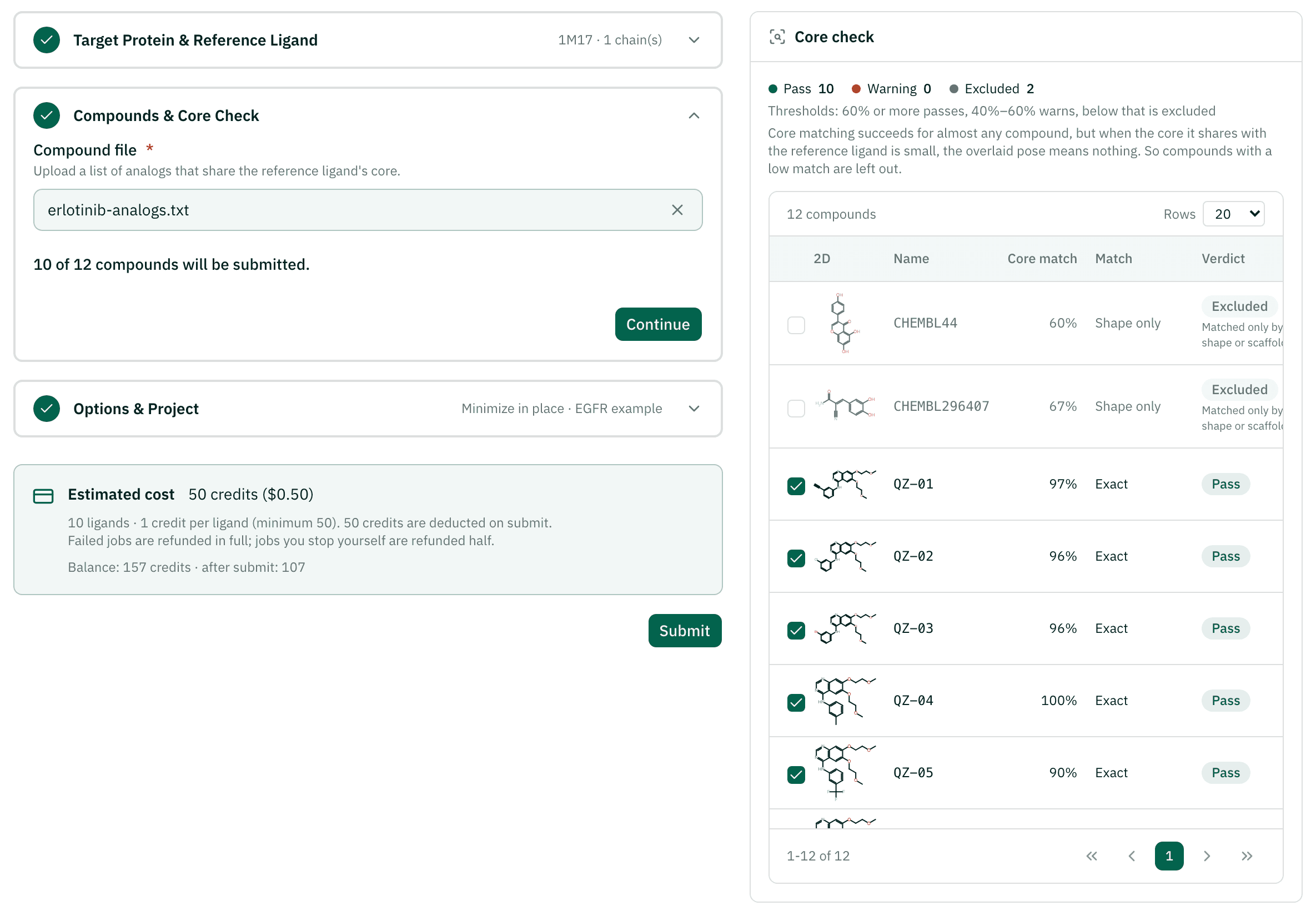 Compounds & Core Check step: the uploaded file and the check table with core match, match stage and verdict for each compound