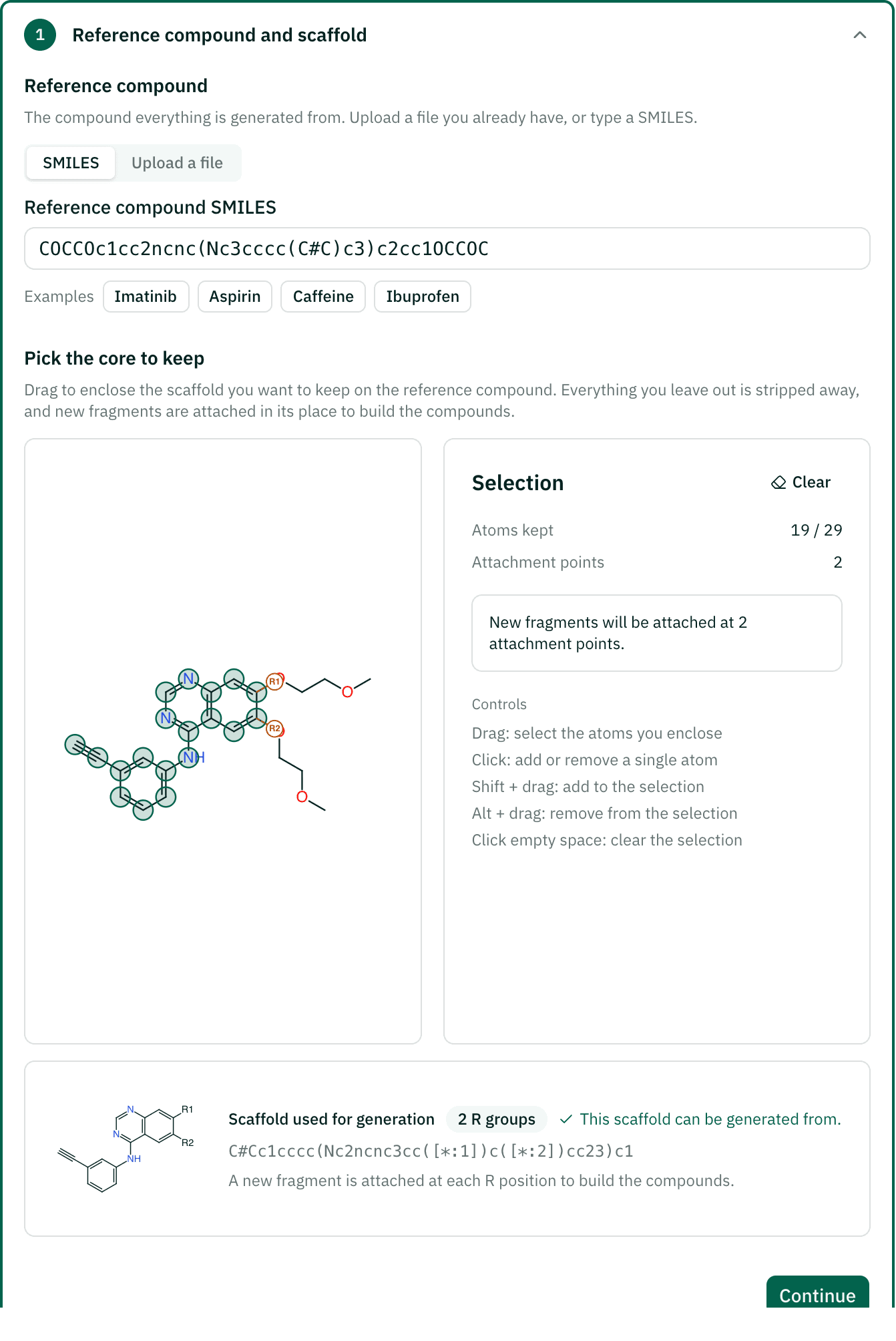 Scaffold step: erlotinib drawn with its core selected, 19 of 29 atoms kept, 2 attachment points, and the scaffold preview