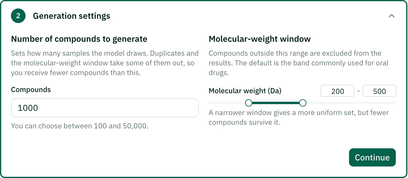 Generation settings step with 1,000 compounds and a 200 to 500 Da molecular-weight window