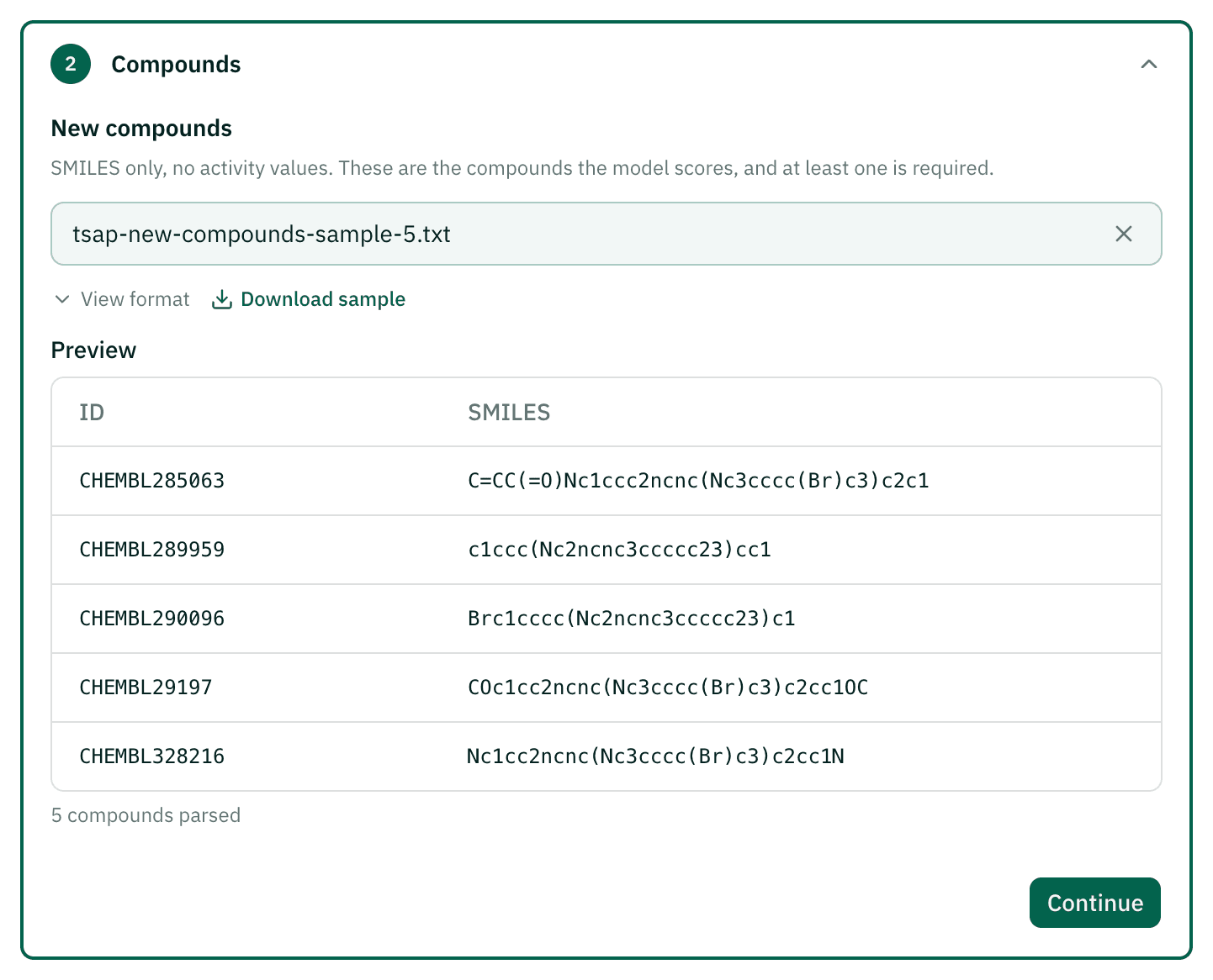 Compounds step with a compound file uploaded and its preview
