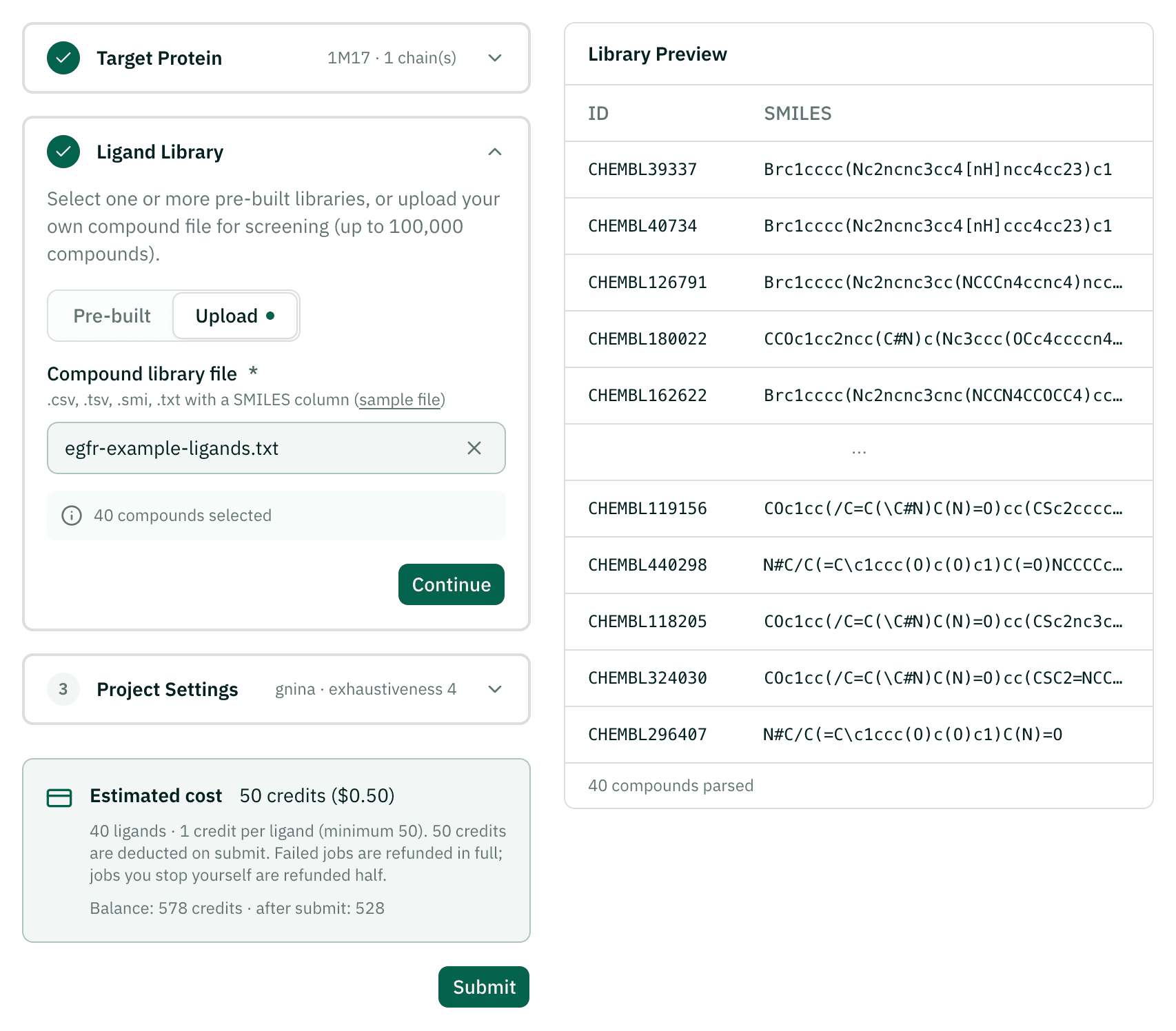 Ligand Library step with the 40-compound example file uploaded and the credit estimate